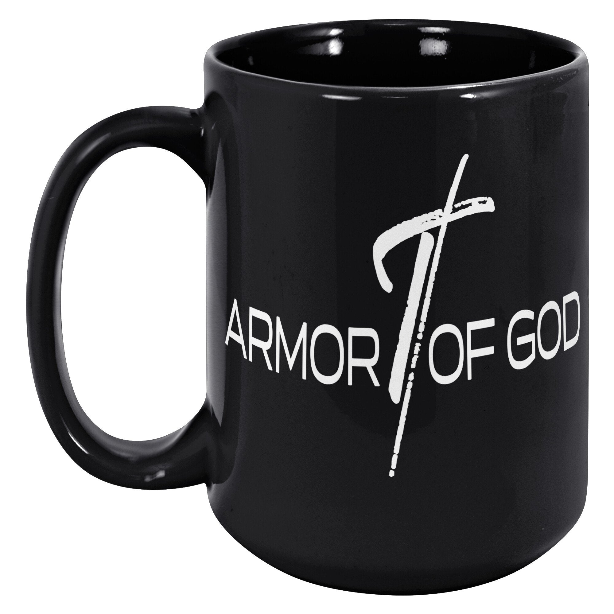Coffee Cup, Black Ceramic Mug 15oz, Armor Of God Print