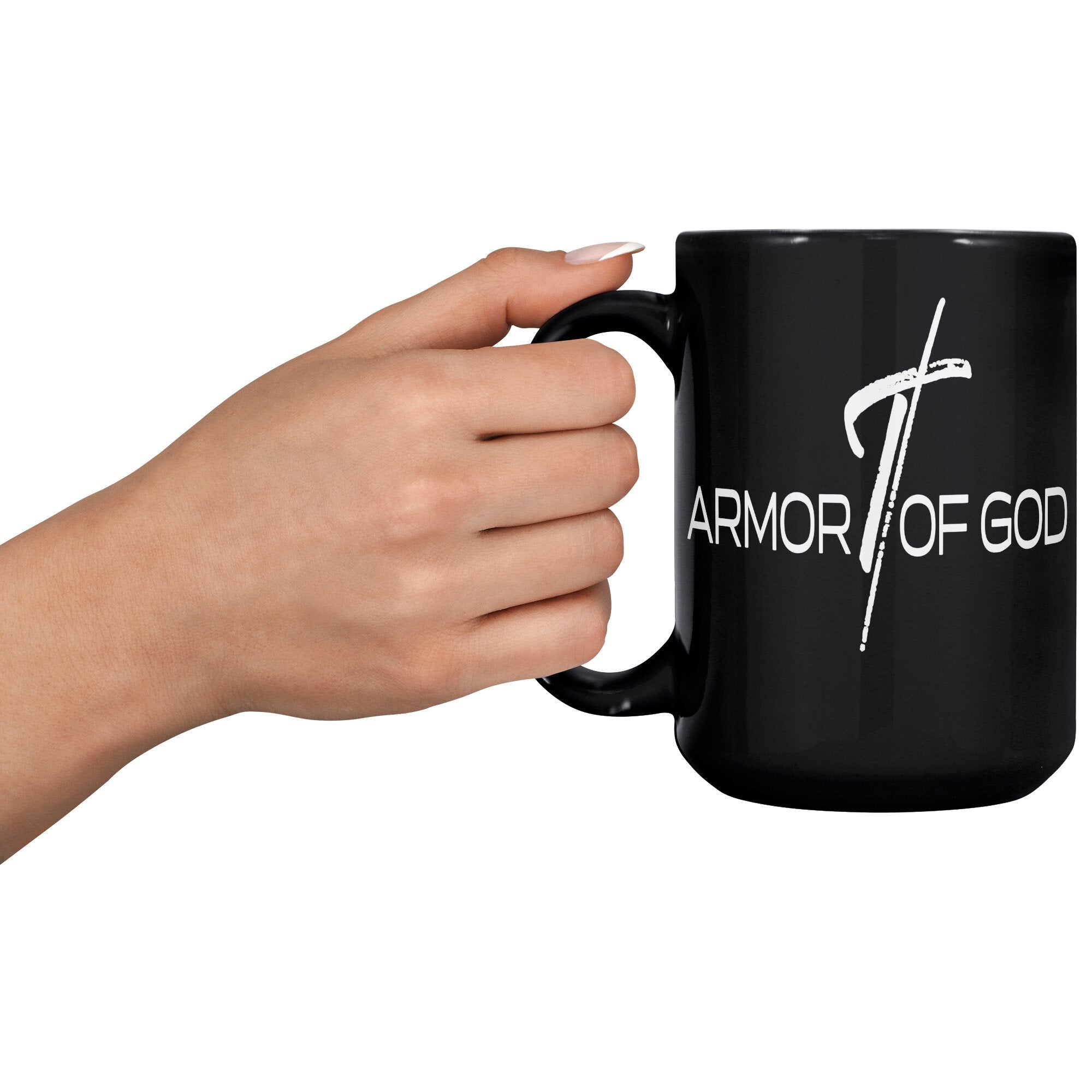 Coffee Cup, Black Ceramic Mug 15oz, Armor Of God Print