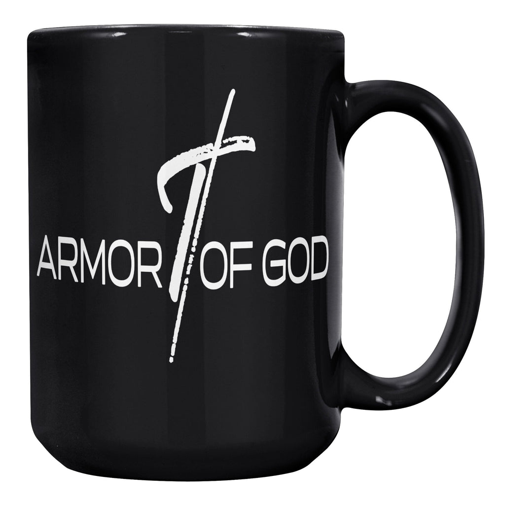 Coffee Cup, Black Ceramic Mug 15oz, Armor Of God Print