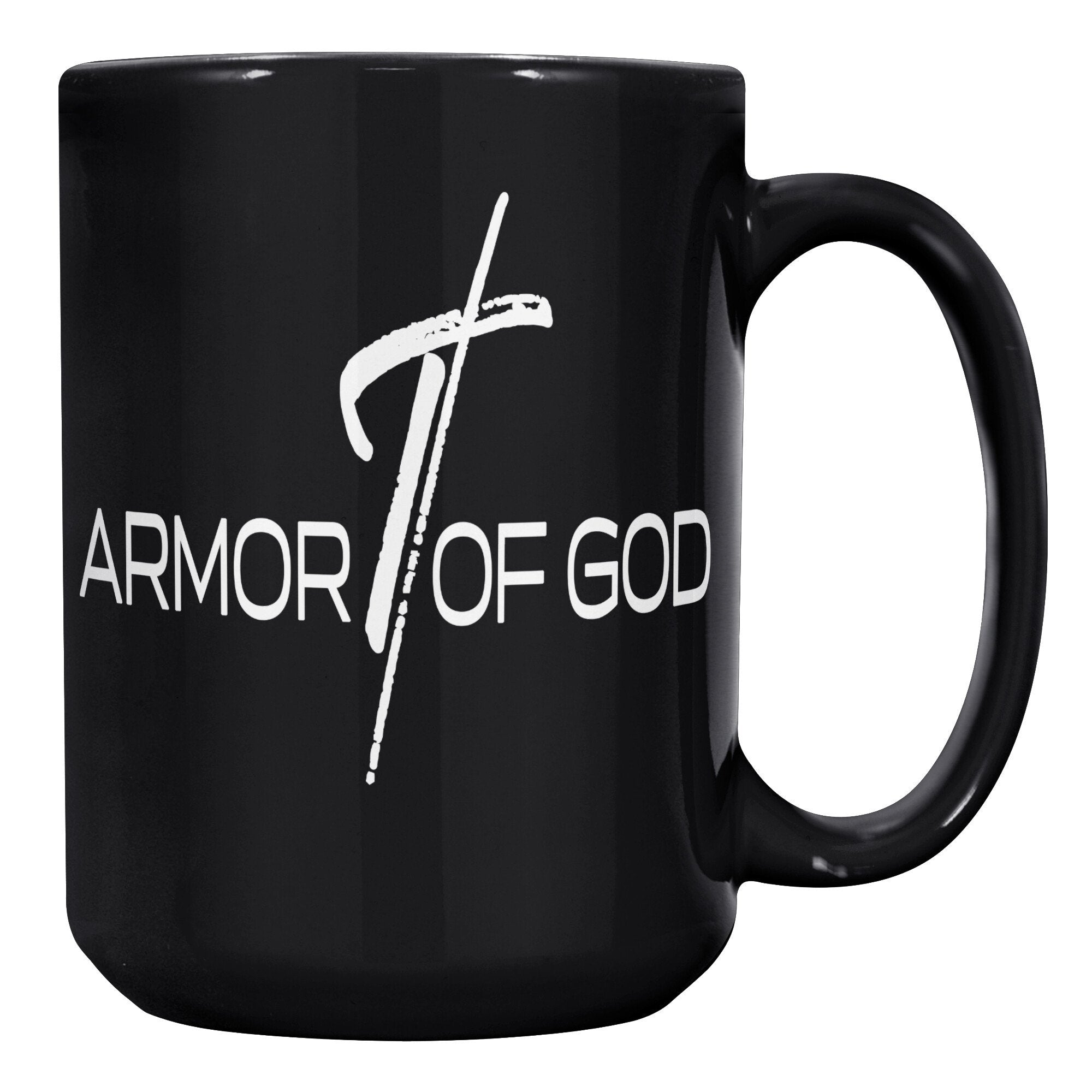Coffee Cup, Black Ceramic Mug 15oz, Armor Of God Print