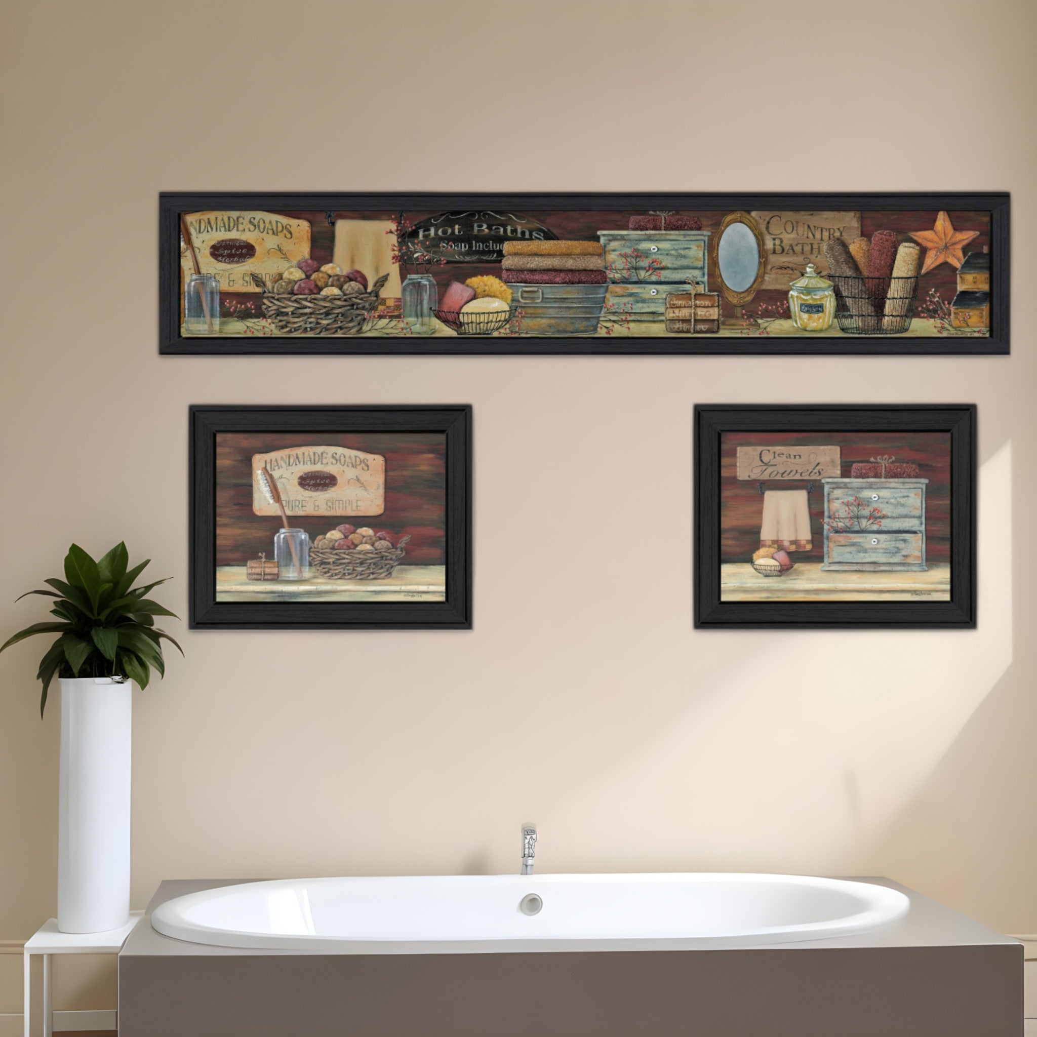 Set Of Three Country Bath II Collection 1 Black Framed Print Bathroom
