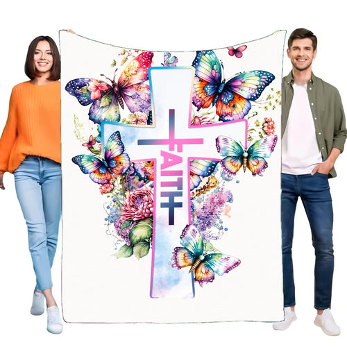 Faith-Inspired Colorful Blanket with White Cross and Butterflies,