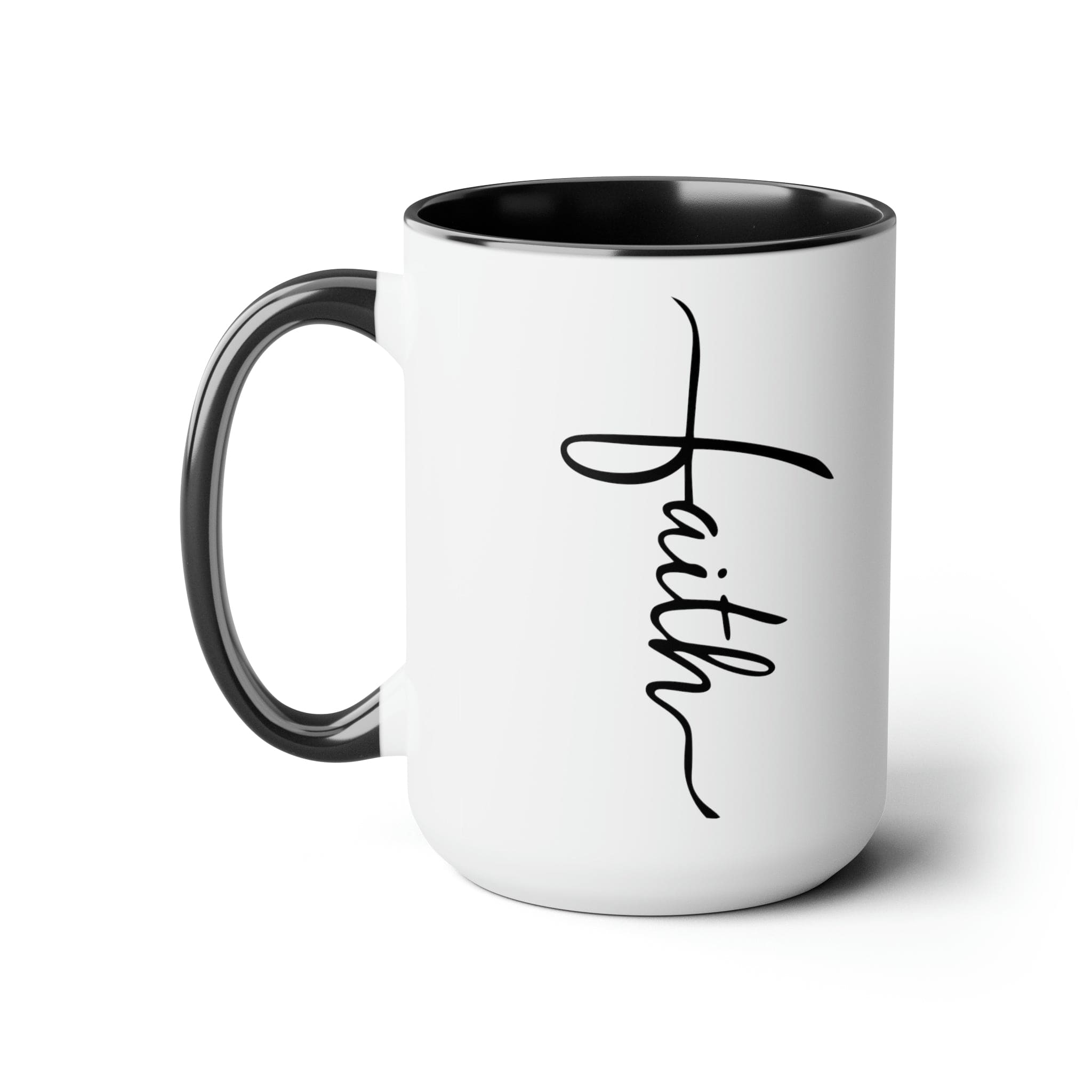 Ceramic Coffee Mug 15oz - Faith Script Cross Black Illustration