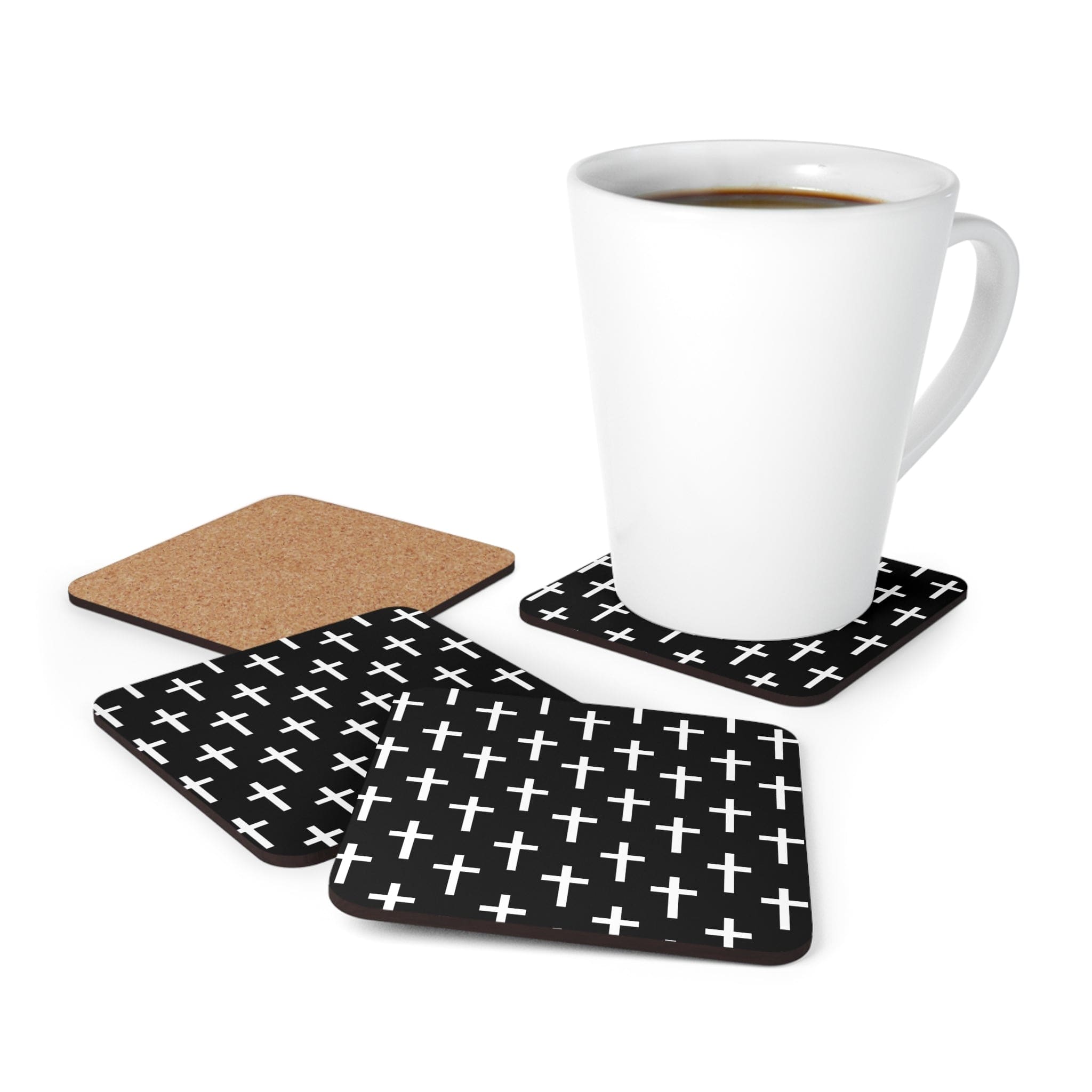Coaster Set of 4 for Drinks, Black and White Seamless Cross Pattern