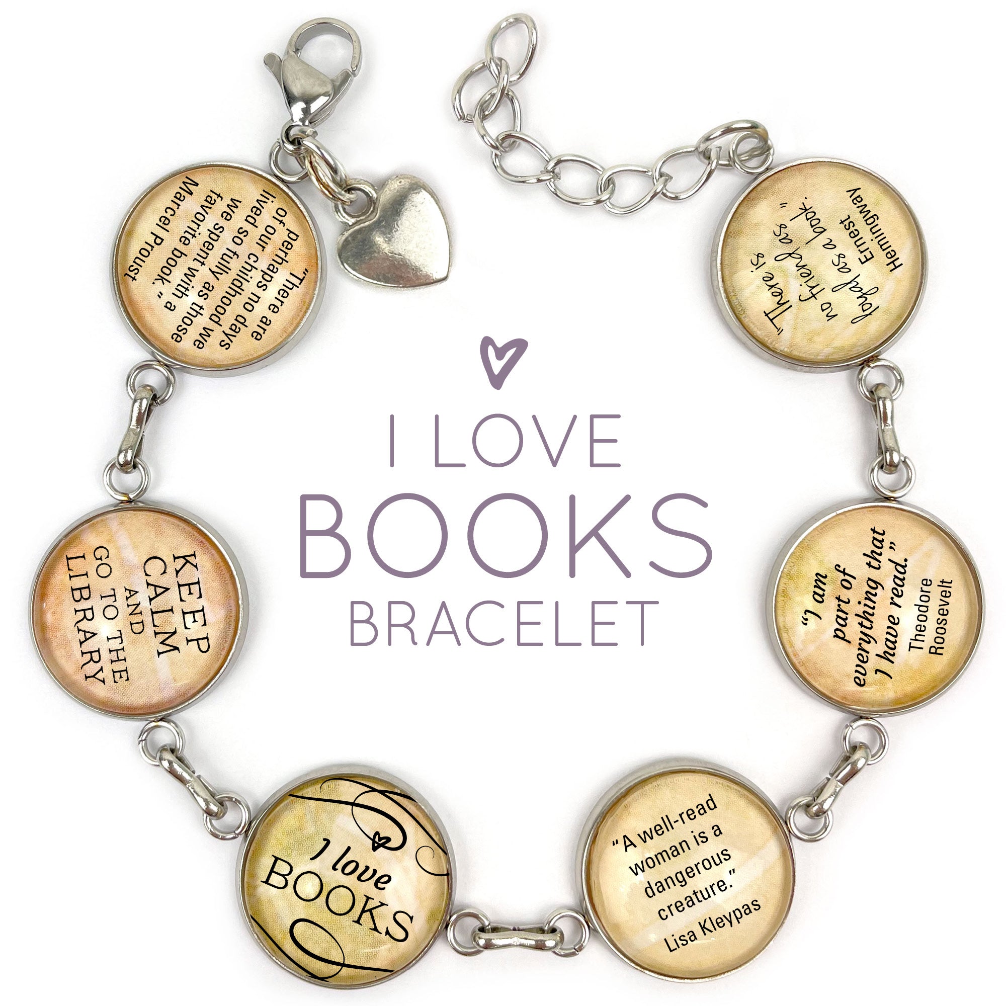 I Love Books - Stainless Steel Charm Bracelet