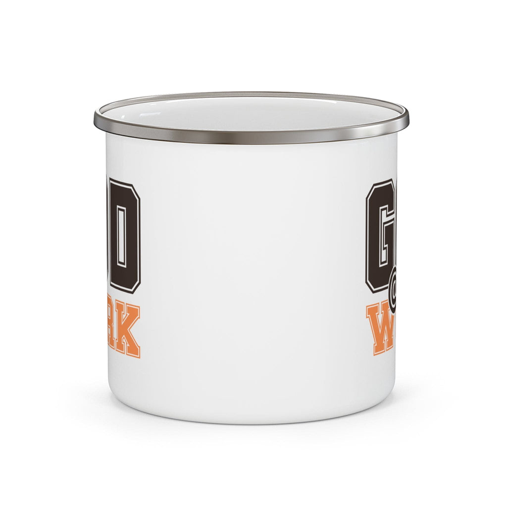 Enamel Camping Mug God @ Work Brown and Orange Print