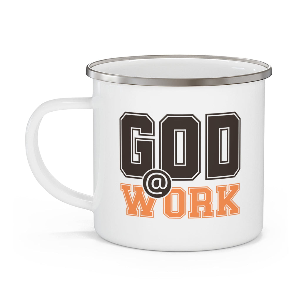 Enamel Camping Mug God @ Work Brown and Orange Print