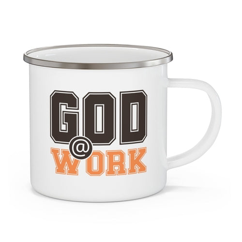 Enamel Camping Mug God @ Work Brown and Orange Print