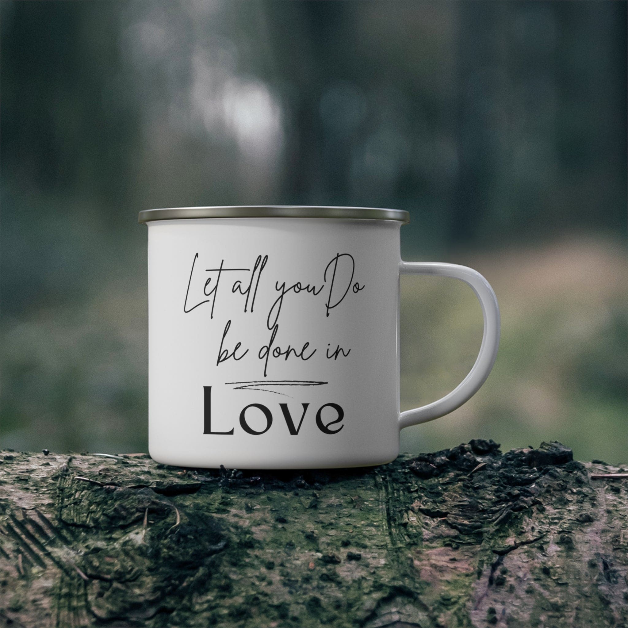 Enamel Camping Mug - Let All you do be Done in Love Black Illustration