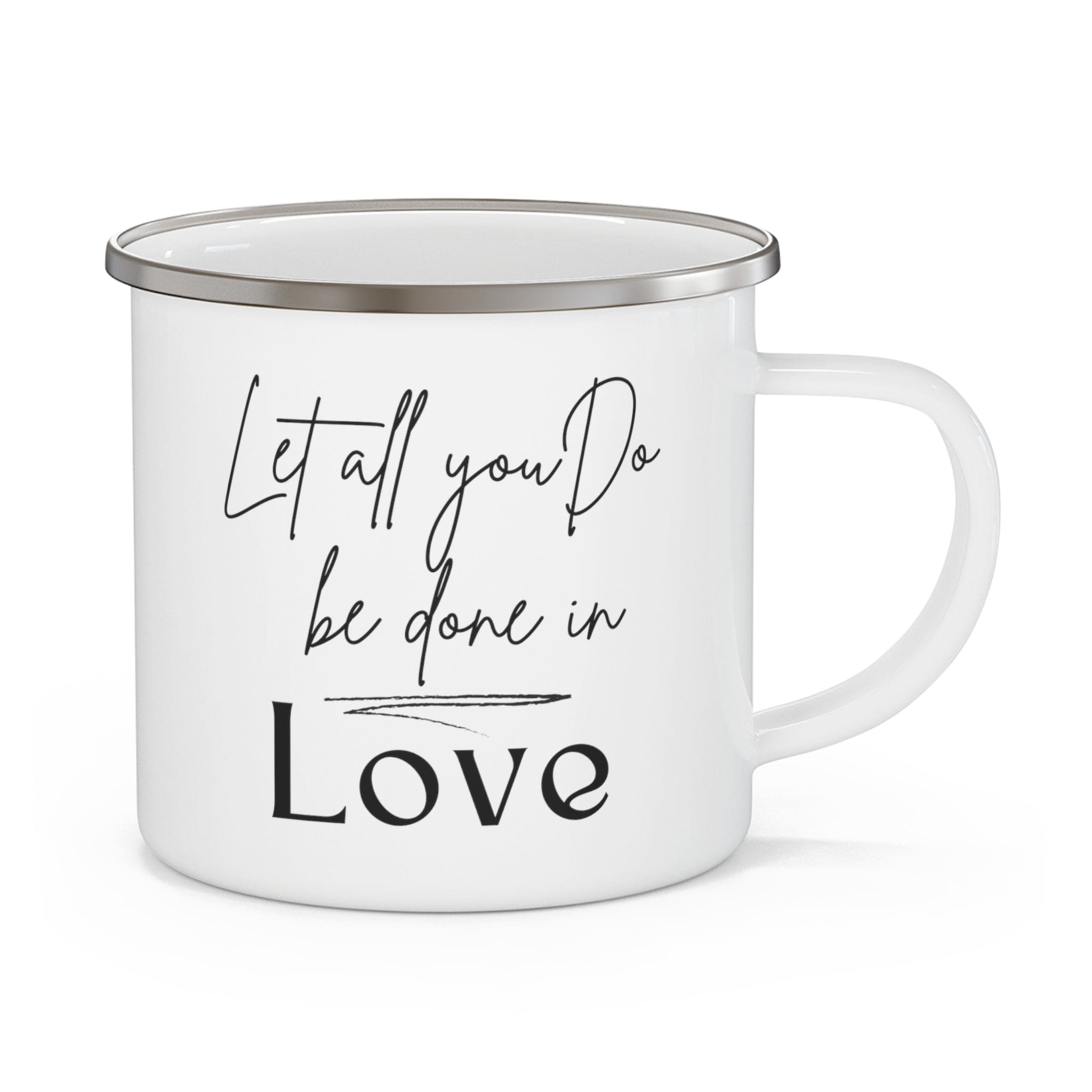 Enamel Camping Mug - Let All you do be Done in Love Black Illustration