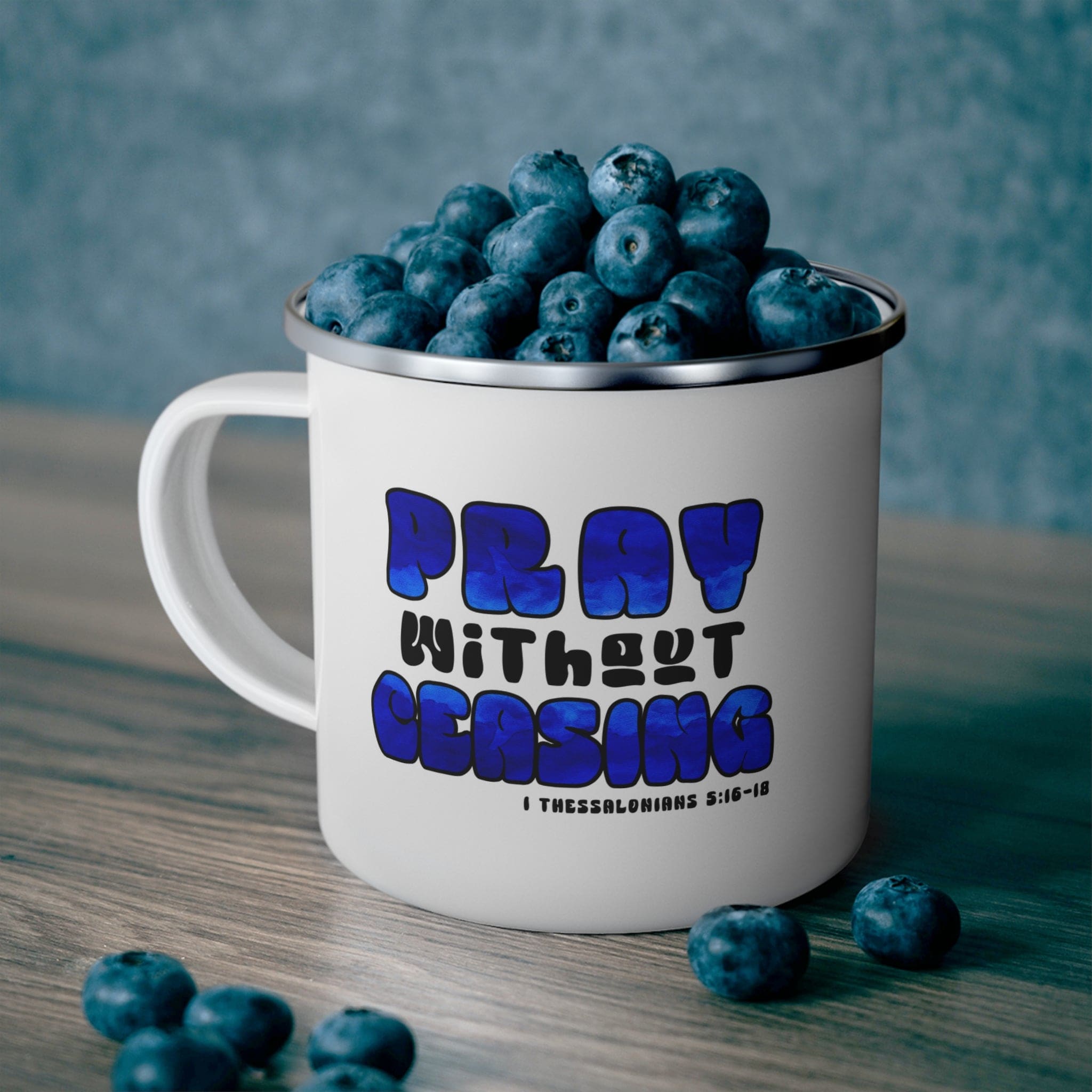 Enamel Camping Mug - Pray Without Ceasing Blue and White