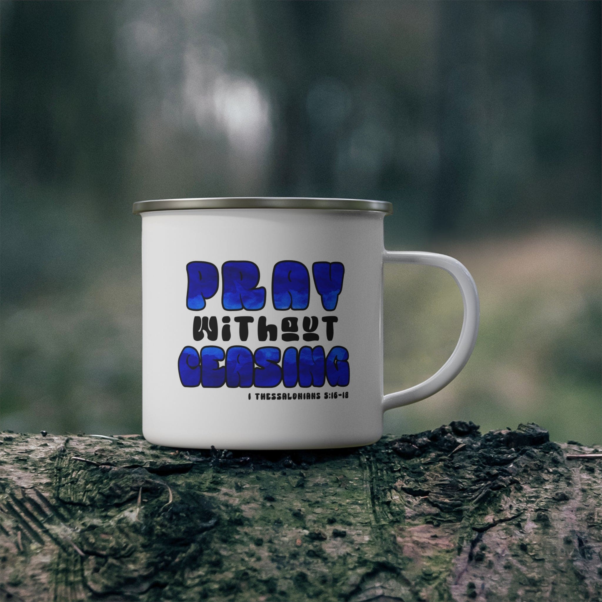 Enamel Camping Mug - Pray Without Ceasing Blue and White