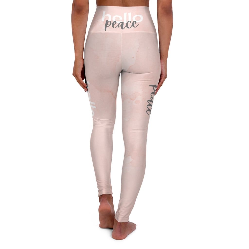 High Waisted Yoga Leggings - Peach Marble Hello Peace Graphic Style