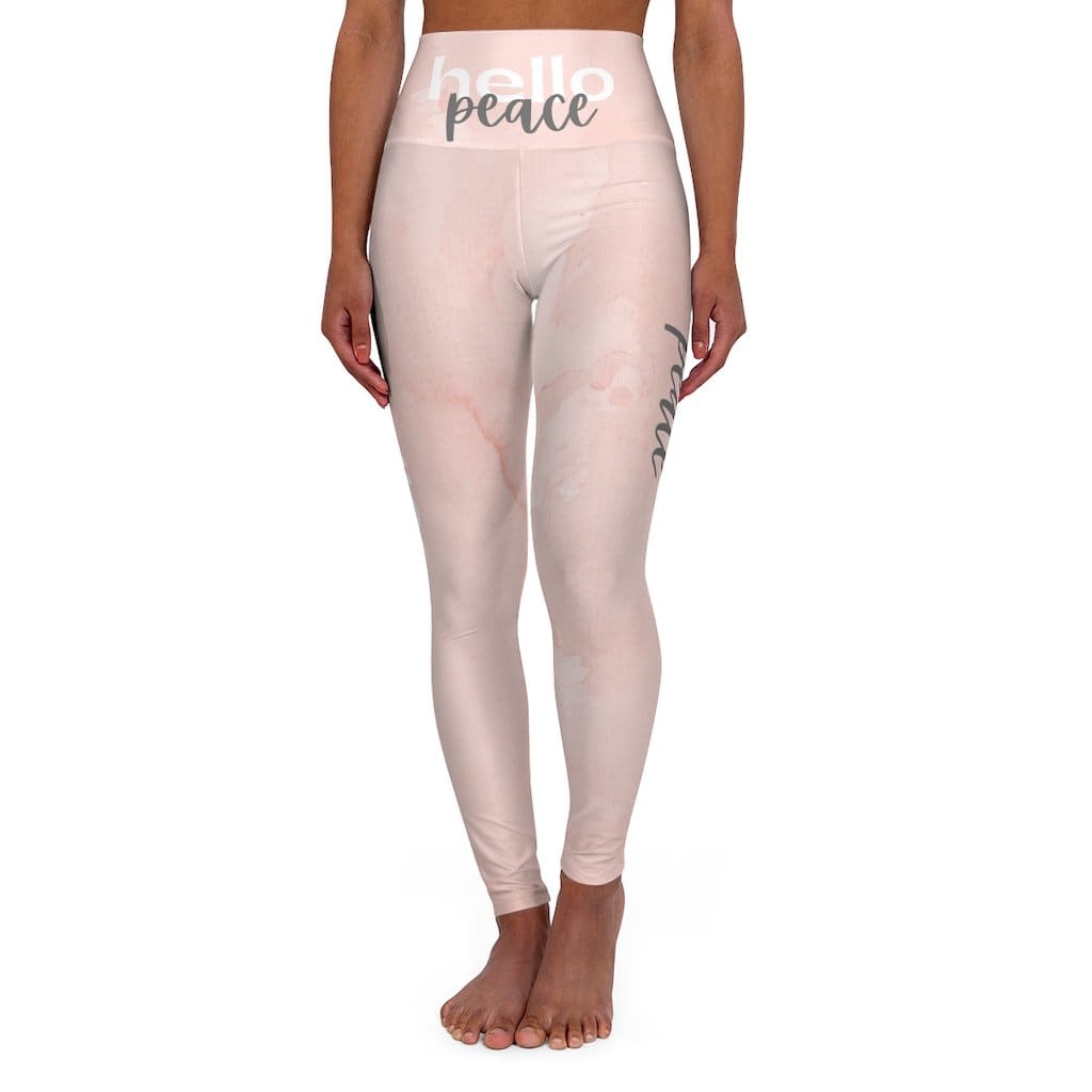 High Waisted Yoga Leggings - Peach Marble Hello Peace Graphic Style