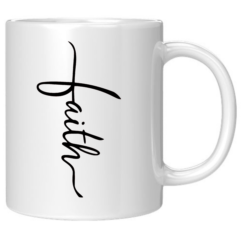 Ceramic Coffee Mug 11oz - Faith Script Cross Black Illustration