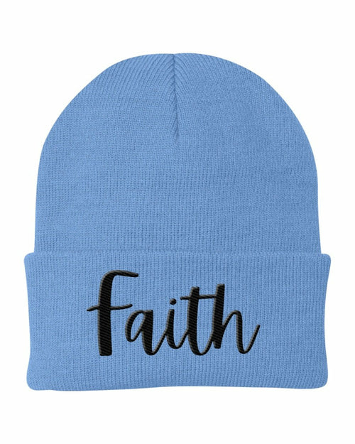 Beanie Knit Cap - Faith Embroidered Hat / Black Text