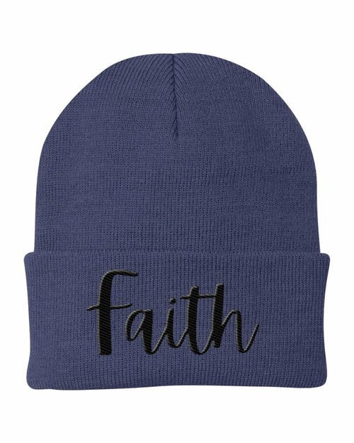 Beanie Knit Cap - Faith Embroidered Hat / Black Text