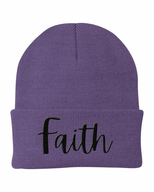 Beanie Knit Cap - Faith Embroidered Hat / Black Text