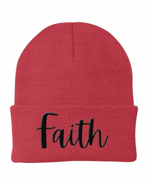 Beanie Knit Cap - Faith Embroidered Hat / Black Text