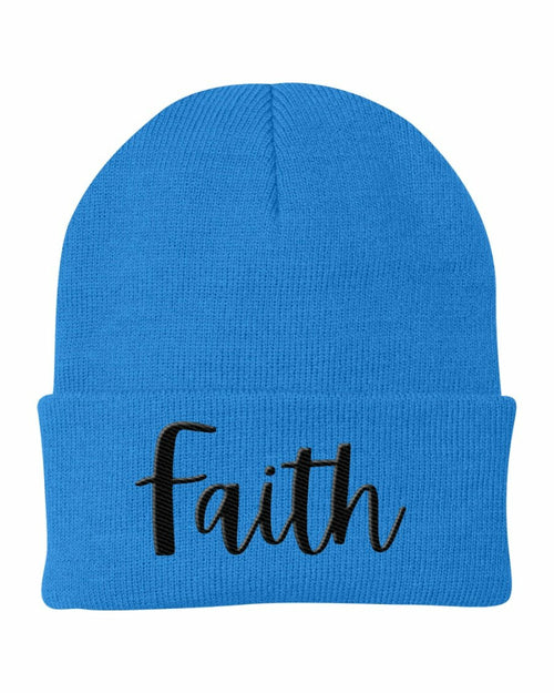 Beanie Knit Cap - Faith Embroidered Hat / Black Text